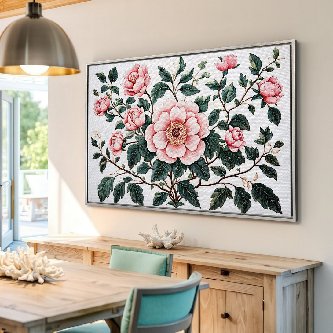 Framed Wall Art: Elegant floral Canvas Print featuring pink peonies and green leaves. Perfect for adding a touch of nature and sophistication to any room.
