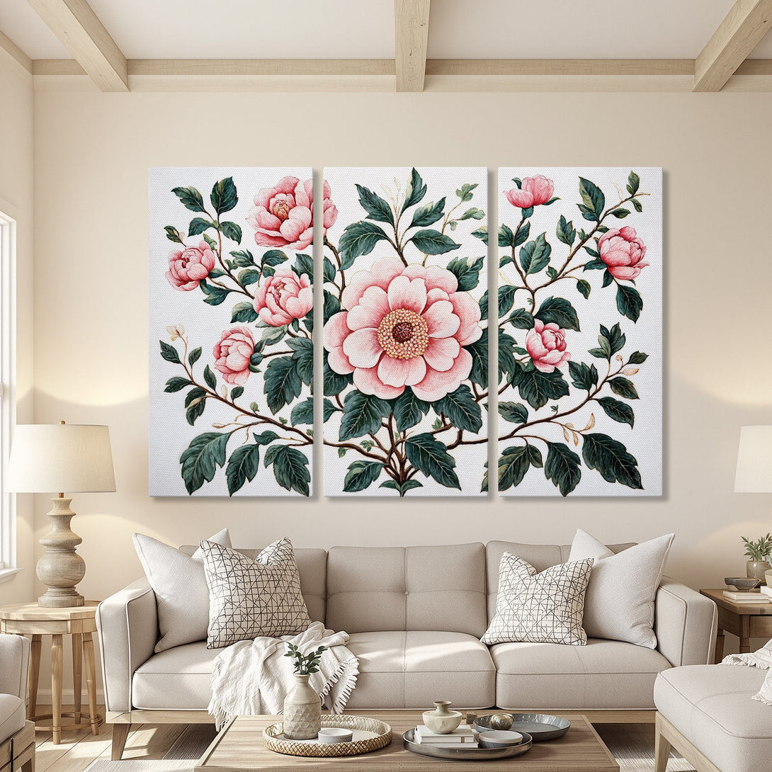Canvas Print featuring a floral watercolor design with pink blooms and green leaves. Soft, neutral color palette complements any interior.