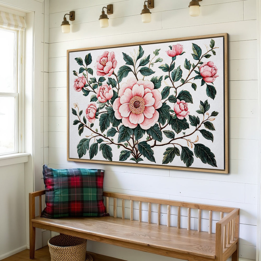 Framed Wall Art featuring a floral watercolor design with pink peonies and green leaves. Adds a touch of elegance with a soft color palette.