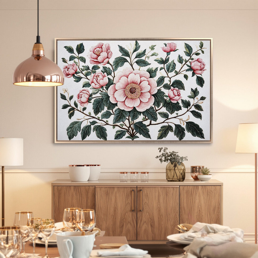 Framed Wall Art: Elegant floral Canvas Print with pink peonies and green leaves, perfect for adding a touch of nature to your home decor.