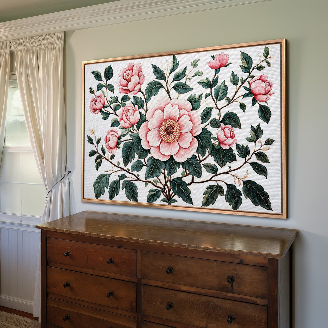 Framed Wall Art featuring a floral peony design in pink and green hues. Elegant canvas print adds a touch of nature-inspired beauty to any interior.