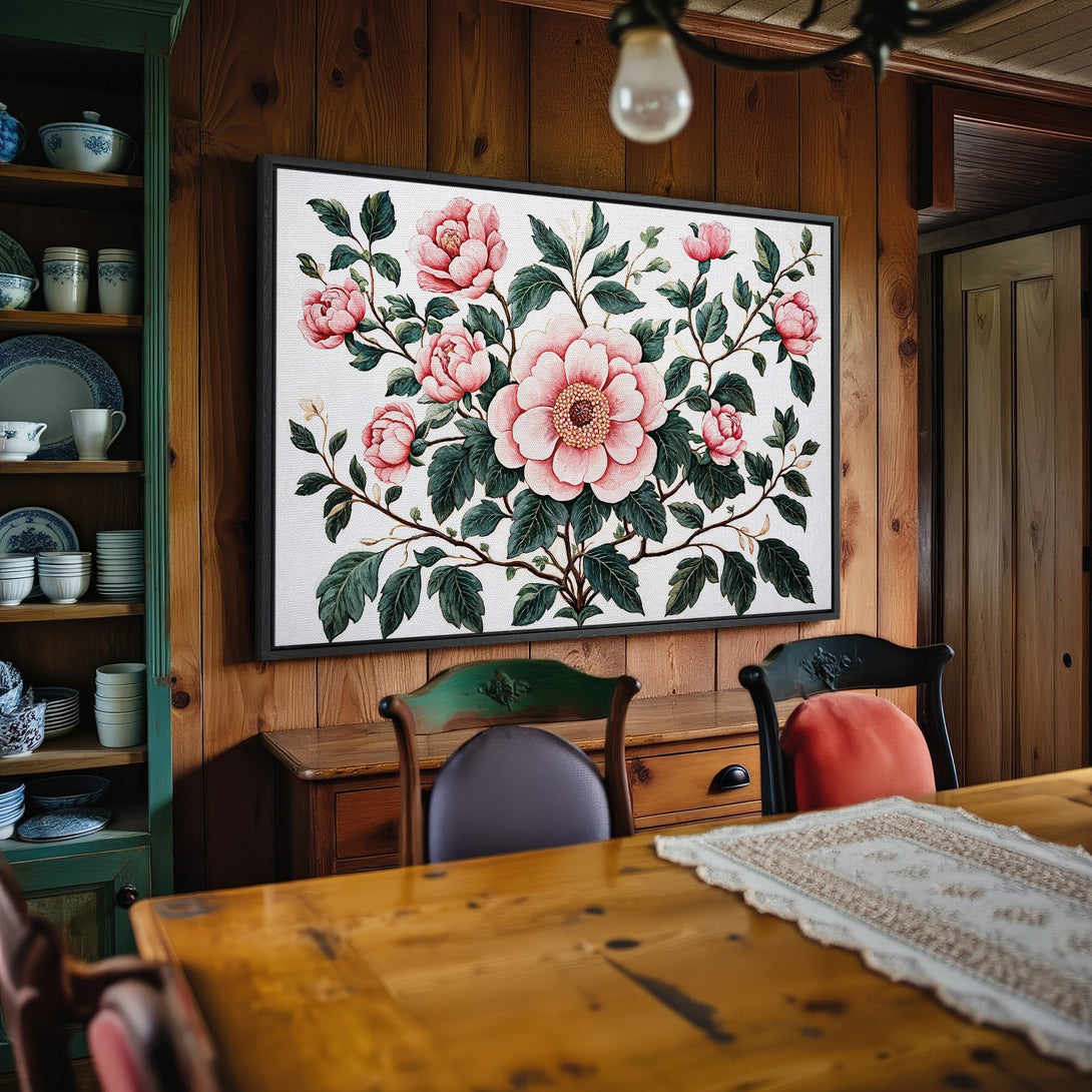 Framed Wall Art featuring a floral print with pink peonies and green leaves. Adds a touch of elegance to any space.