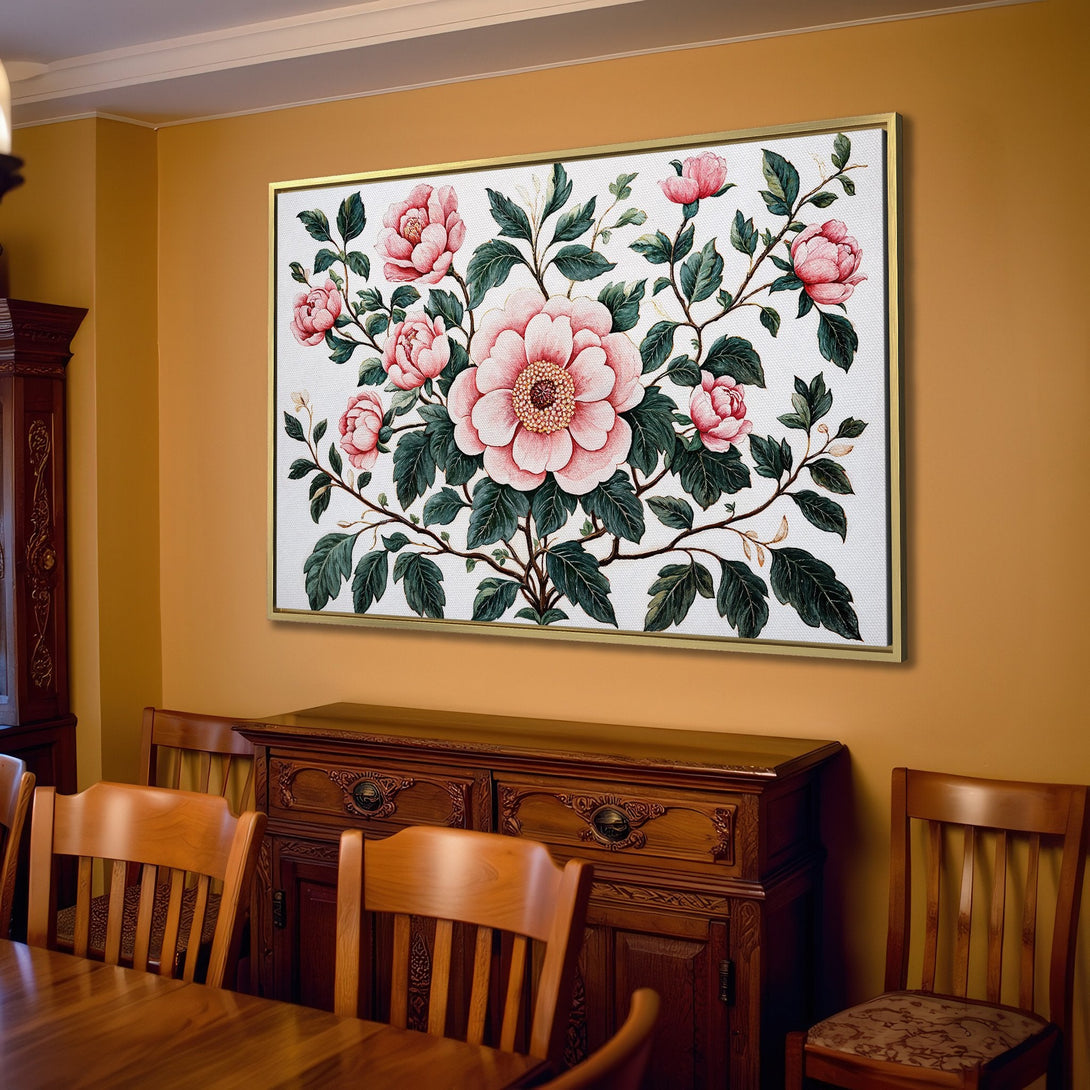 Canvas Print featuring a floral design in pink and green, displayed in a cozy living room with neutral tones. Perfect for adding a touch of elegance.