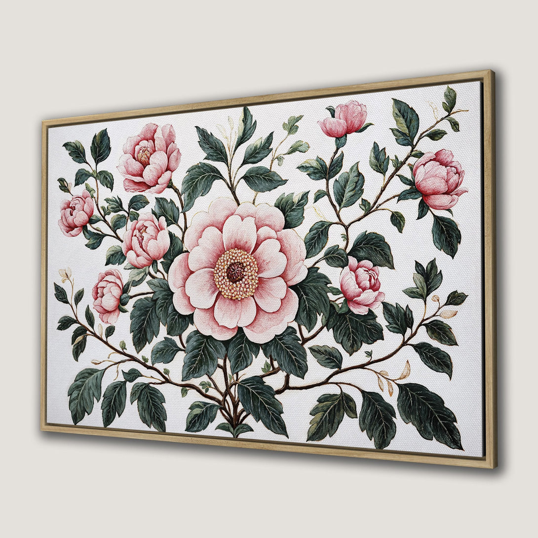 Framed Wall Art: Elegant floral Canvas Print featuring pink peonies and lush green leaves, perfect for adding a touch of nature's beauty to your home.