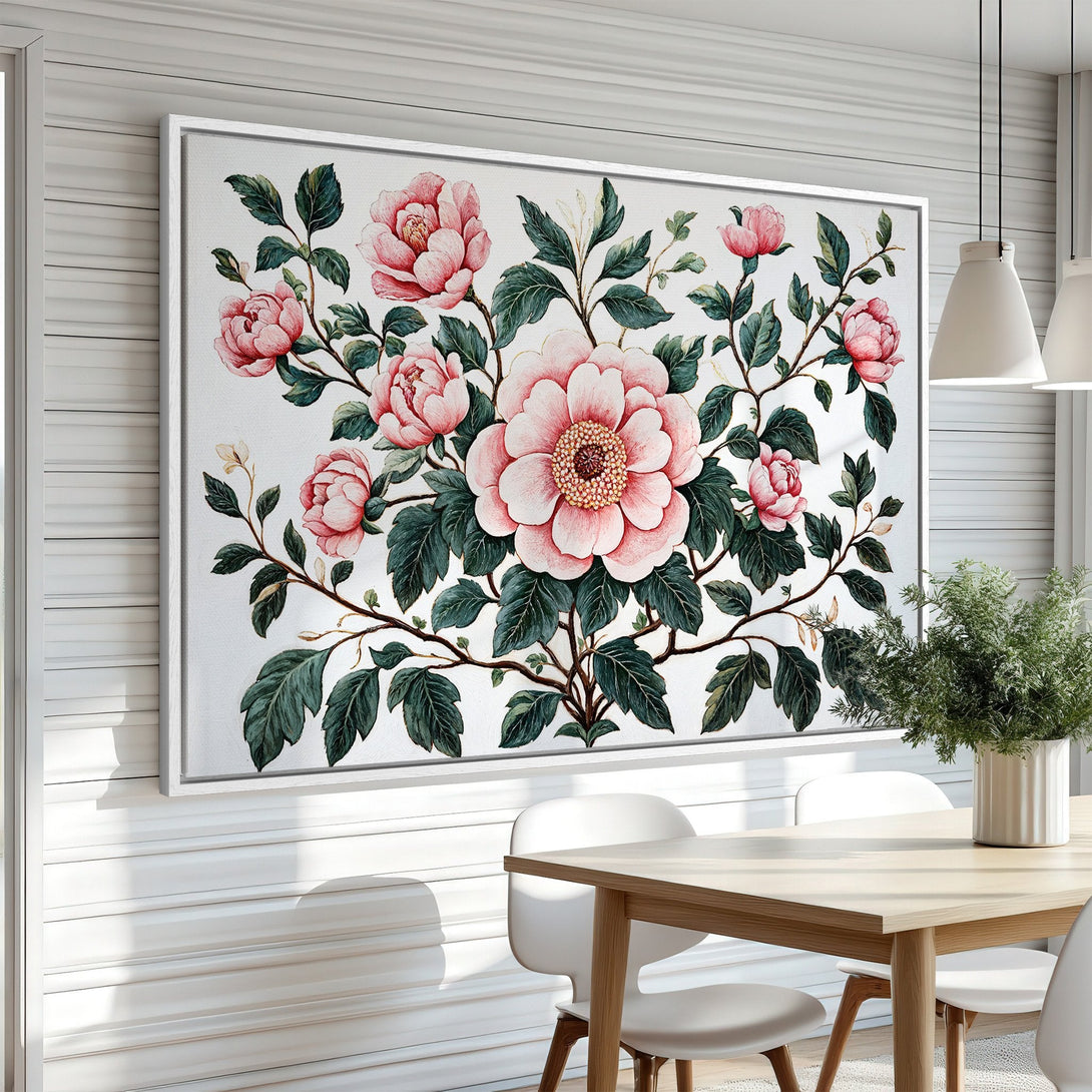 Framed Wall Art featuring a watercolor-style floral design with pink peonies and green leaves. Adds a touch of elegance and color to any space.