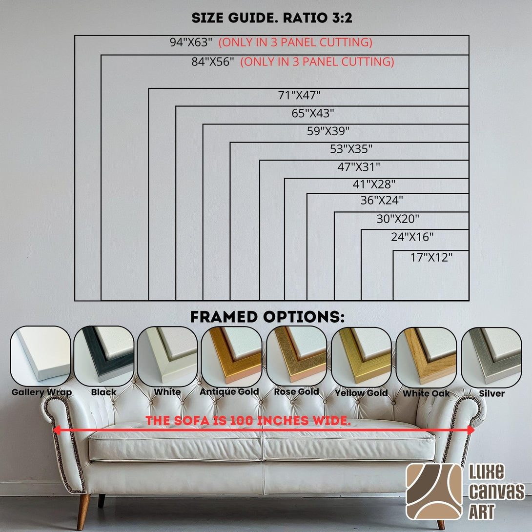 Canvas print size guide with horizontal format 3:2 ratio, displaying various sizes in inches and framed options: Gallery Wrap, Black, White, Antique Gold, Rose Gold, Yellow Gold, White Oak, Silver