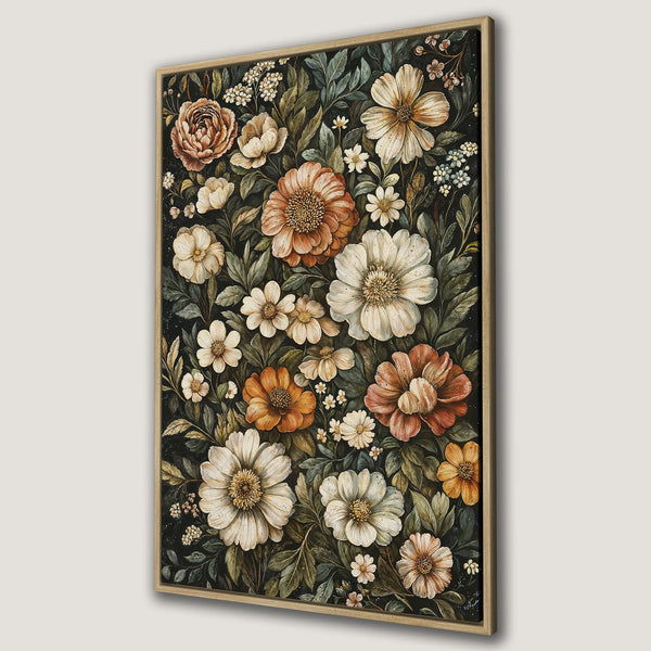 Framed Wall Art featuring a vintage floral print in warm earth tones and a dark background. Perfect for adding a touch of elegance to any space.