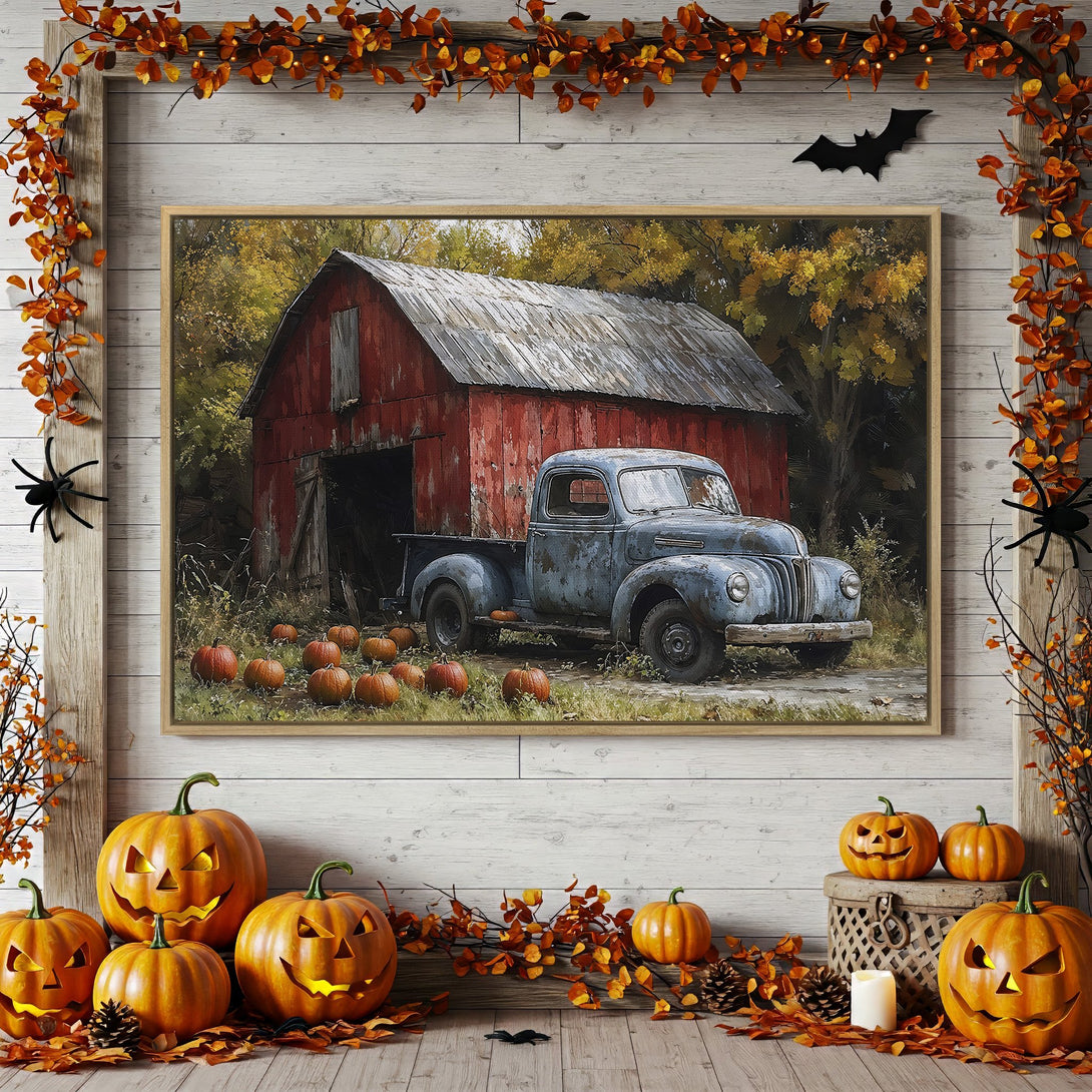 Framed Wall Art: Rustic barn & vintage truck scene in warm autumn tones. Perfect fall decor for farmhouse style.