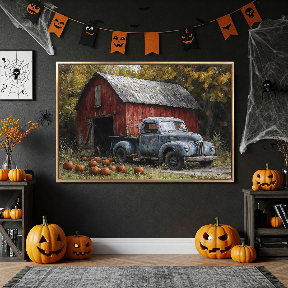 Framed Wall Art: Rustic barn & truck scene. Autumnal palette with red, blue, and gold. Perfect for fall decor. Shop Canvas Prints today!