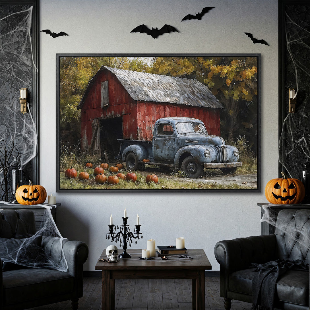 Framed Wall Art: Rustic barn & truck canvas print in warm autumn tones. Perfect fall decor!