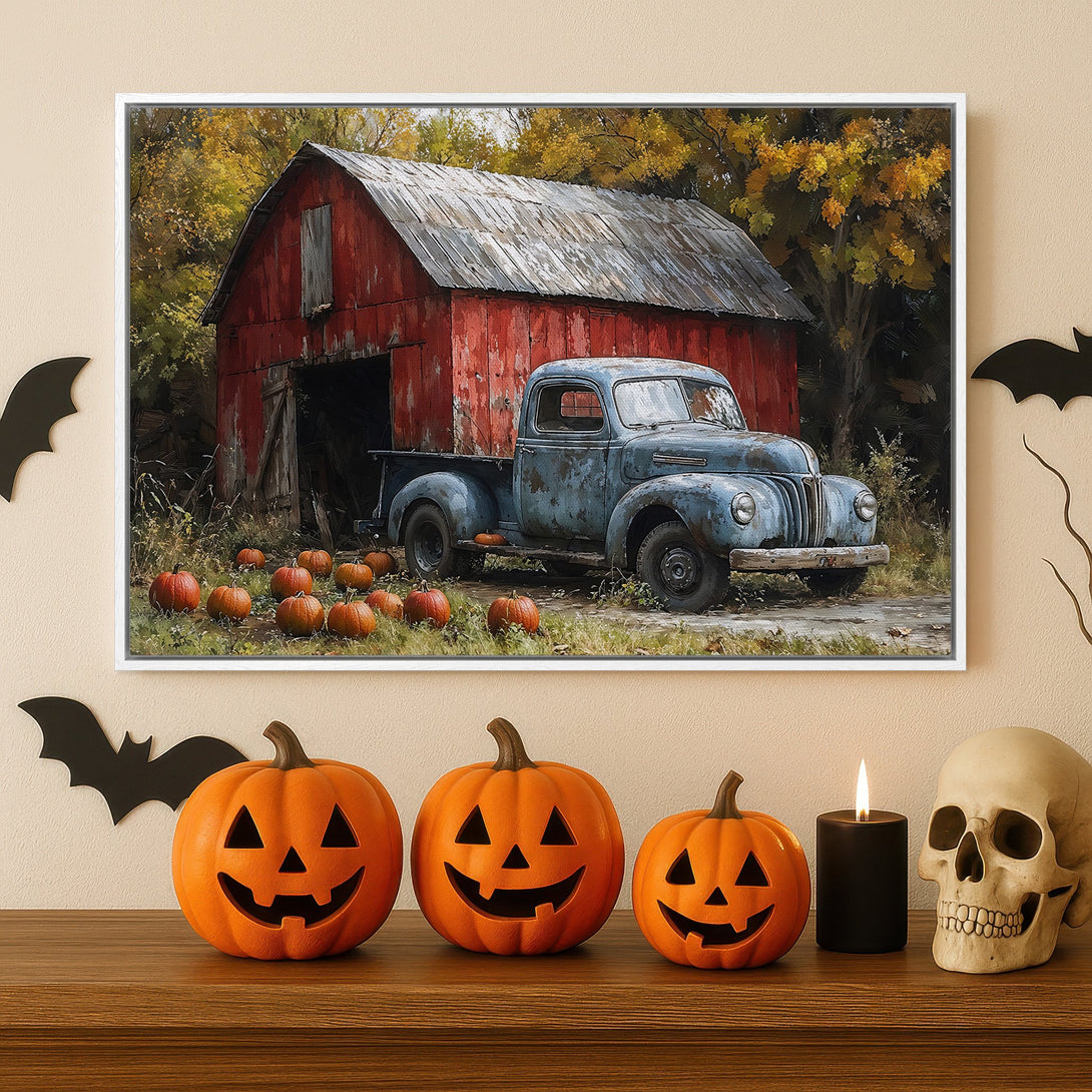 Framed Wall Art featuring a rustic truck and barn scene in warm autumn colors. Perfect for fall decor and Halloween.
