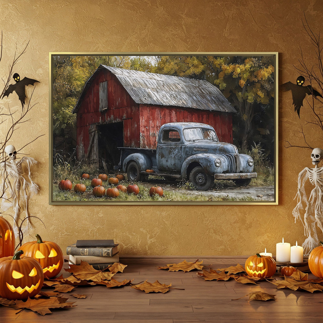 Canvas Print: Rustic barn and truck art, warm autumn colors, perfect for Halloween decor. Adds a cozy, vintage vibe to any space.