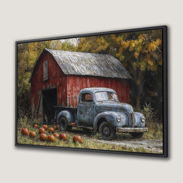 Framed Wall Art: Vintage truck & barn scene. Rustic style with warm autumn colors. Perfect fall decor for your home.