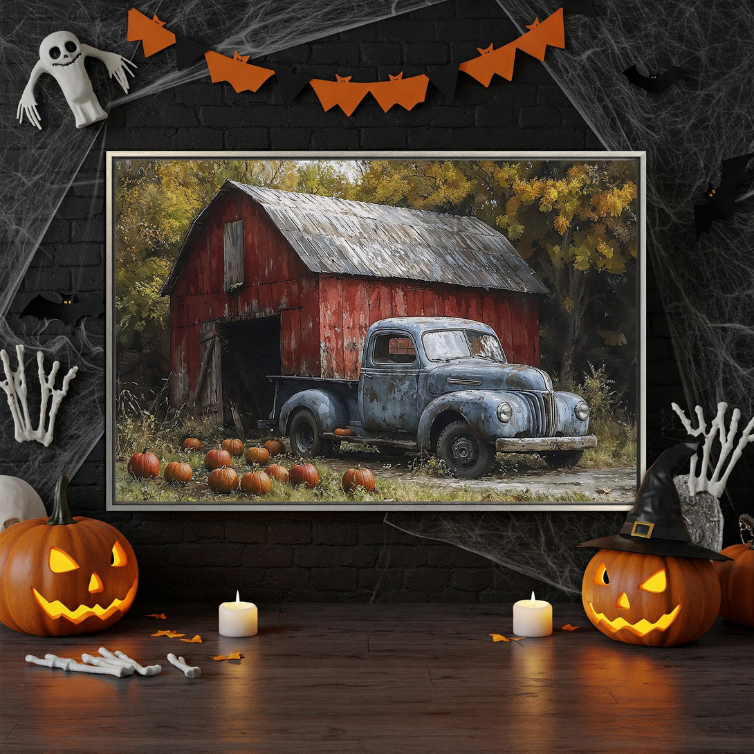 Framed Wall Art: Rustic barn & truck scene in warm autumn tones. Perfect fall decor. Canvas Print adds cozy charm to any space.
