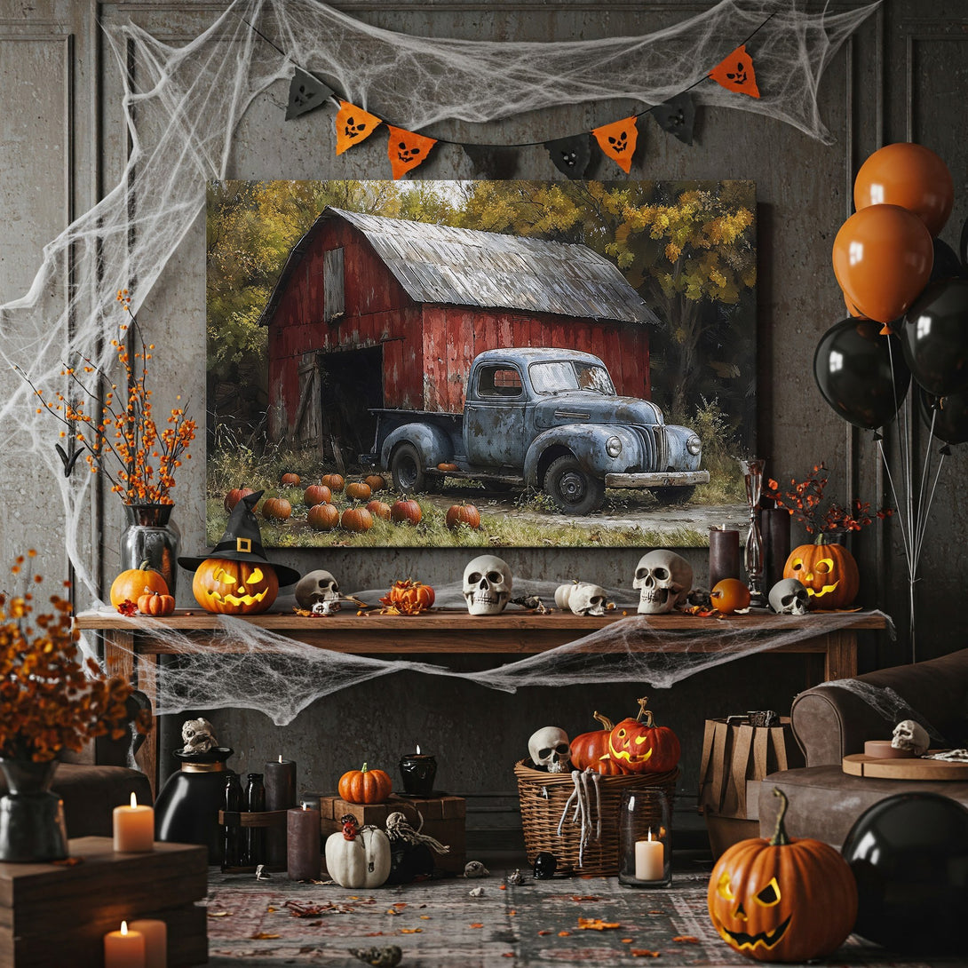 Framed Wall Art: Rustic barn and vintage truck painting with fall colors. Perfect for Halloween decor! Warm palette with reds, oranges, and blues.