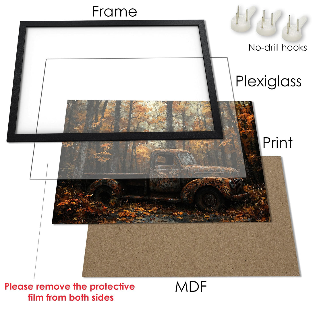 Framed Poster featuring a vintage truck in an autumn forest. Rustic style with warm, earthy tones. Perfect wall art!