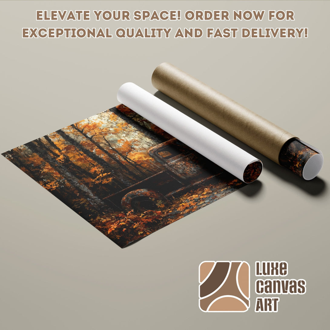 Poster Roll featuring a vintage truck in a forest, warm autumn color palette.