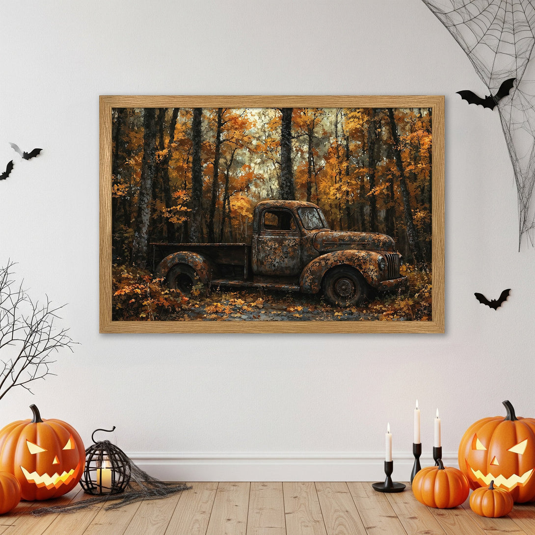 Framed Poster featuring a vintage truck in an autumn forest, with warm orange and brown tones. Perfect fall decor!