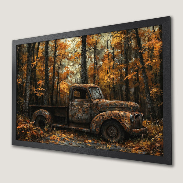 Framed Poster featuring an antique truck in an autumn forest. Warm, earthy tones and a vintage style.