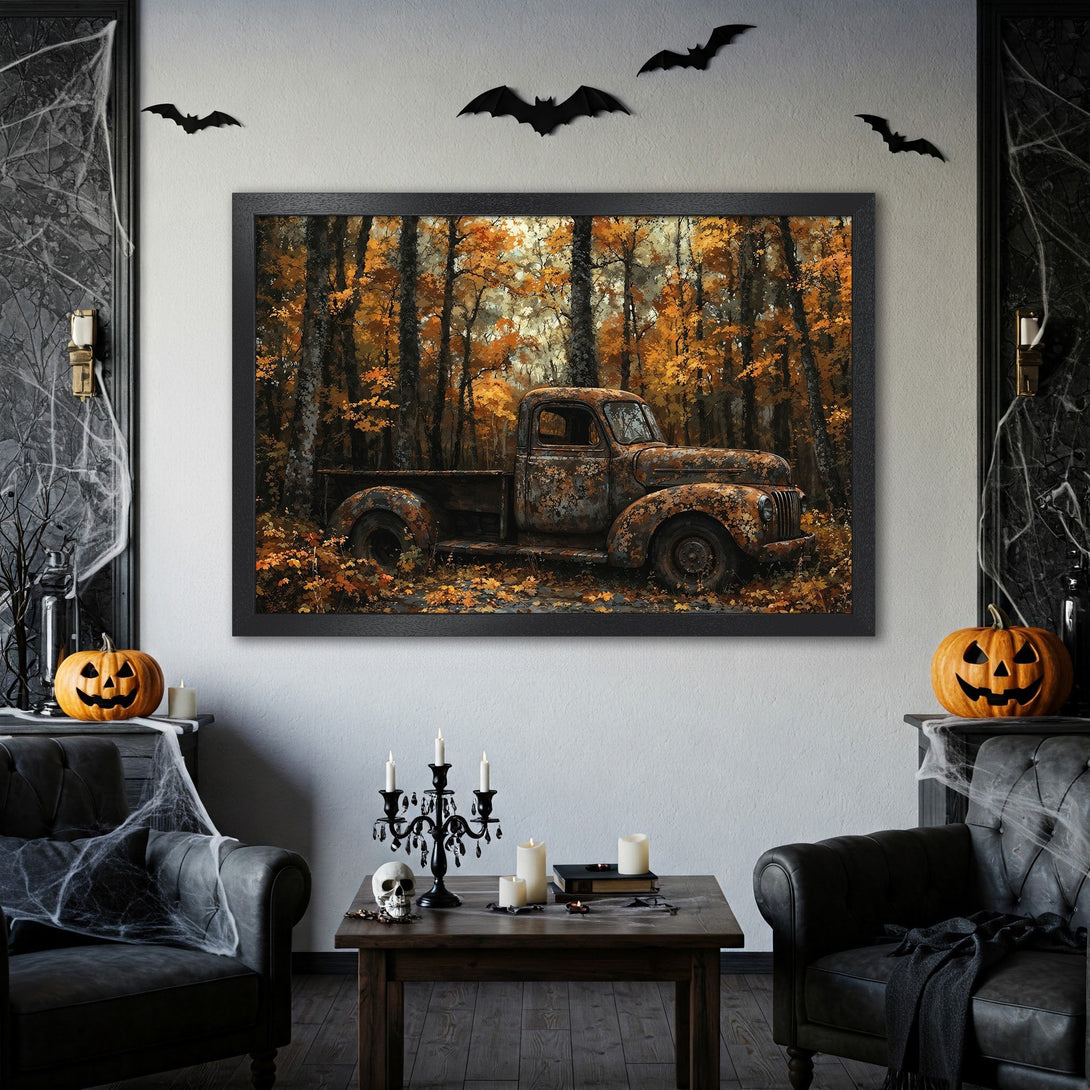 Framed Poster featuring an antique truck in a fall forest. Rustic art with orange, brown, and green tones. Perfect for Halloween decor.