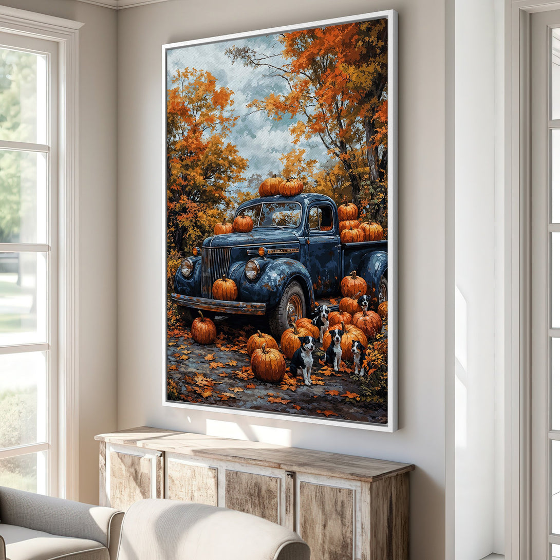 Framed Wall Art: Autumn scene with vintage truck, pumpkins, and dogs. Warm orange and blue tones. Perfect fall decor for your home!