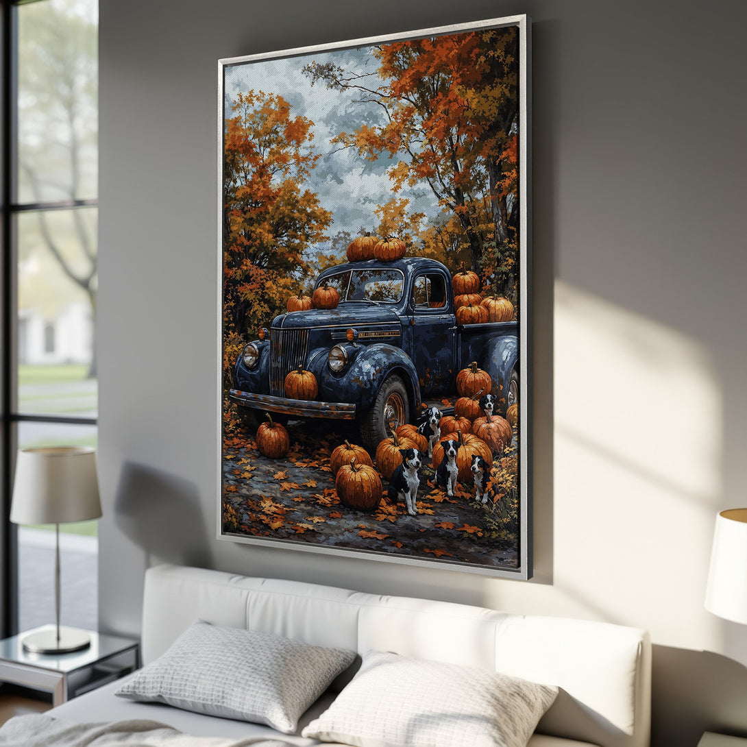 Framed Wall Art: Autumn scene with pumpkins, vintage truck, and dogs. Warm orange, brown, and blue color palette. Perfect fall decor for your home.