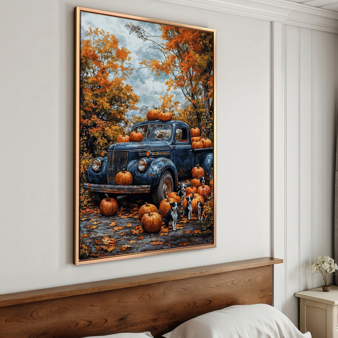 Framed Wall Art: Autumn scene with a vintage blue truck, pumpkins, and dogs. Warm orange and blue color palette. Perfect fall decor for your home!