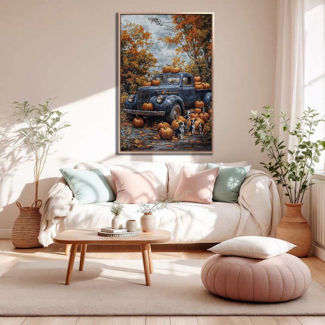 Framed Wall Art: Autumn scene with pumpkins and a vintage truck. Warm orange, blue, and brown color palette. Perfect fall decor.