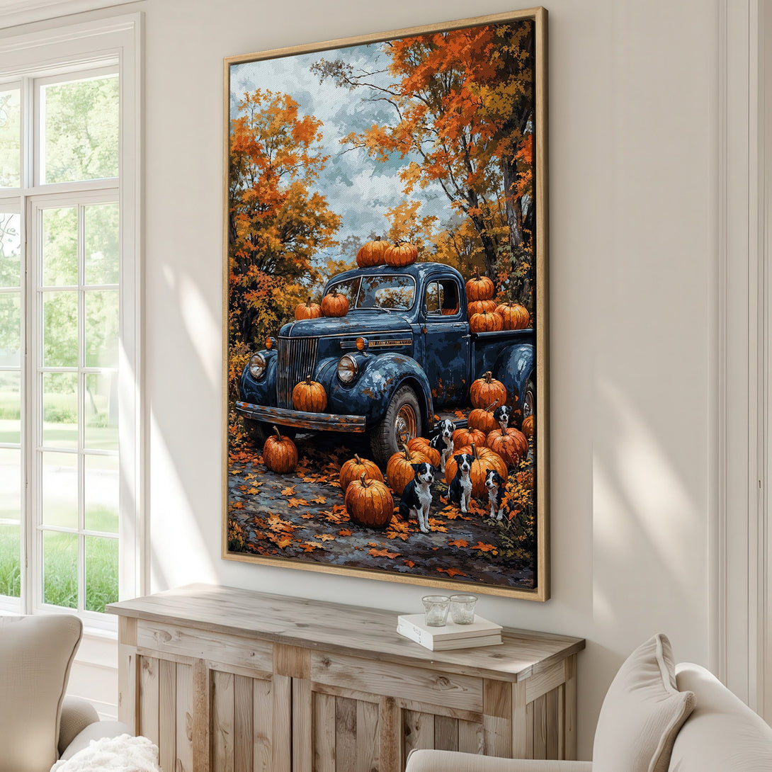 Framed Wall Art: Autumn scene with vintage truck, pumpkins, and dogs in a warm, orange and blue color palette. Perfect fall decor for your home!