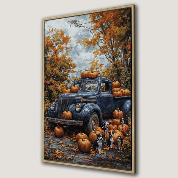 Framed Wall Art: Rustic fall scene with a vintage truck, pumpkins, and playful dogs. Warm orange and blue color palette. Perfect for autumn decor.