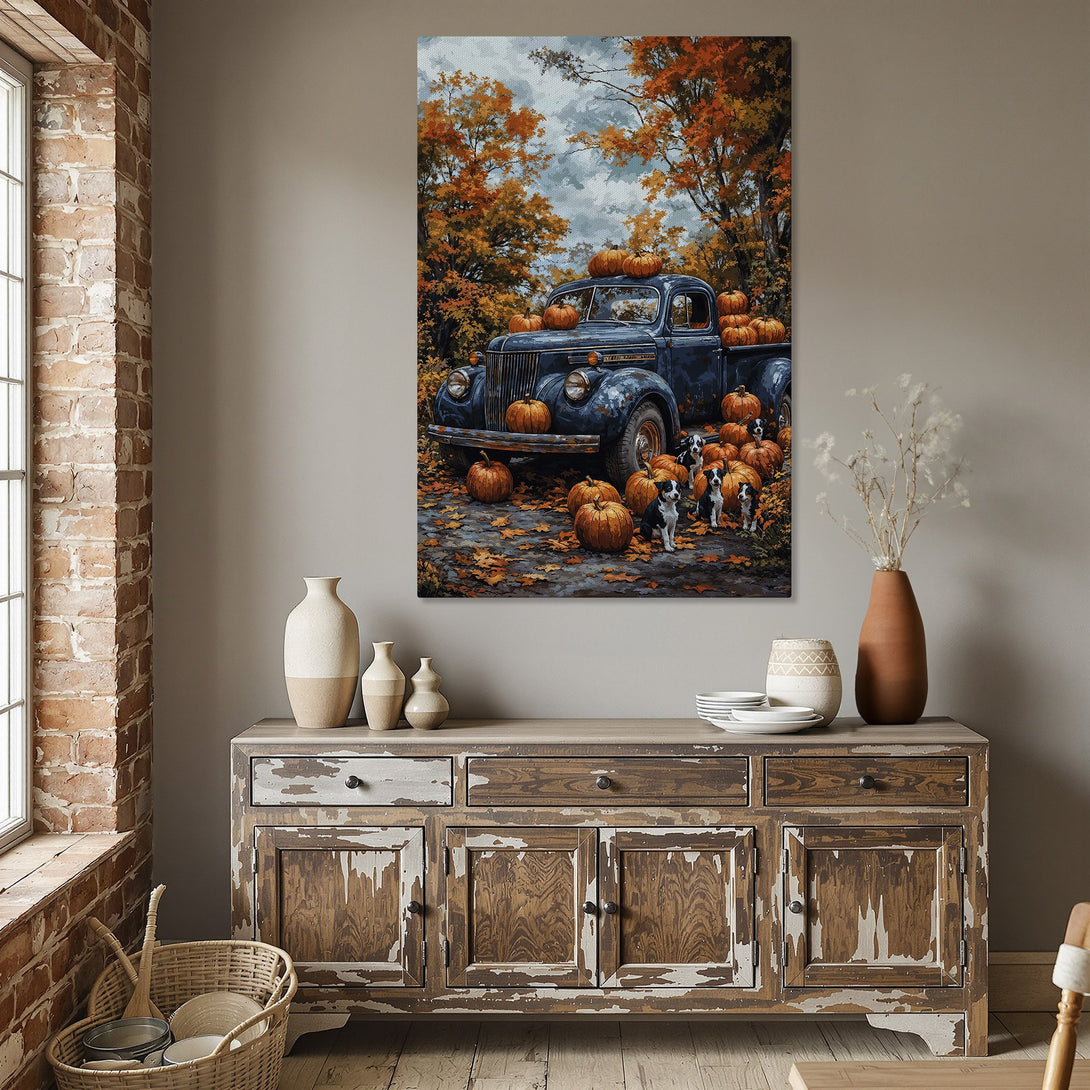 Framed Wall Art: Vintage truck with pumpkins in autumn colors. Rustic art for fall decor. Warm orange and blue palette.