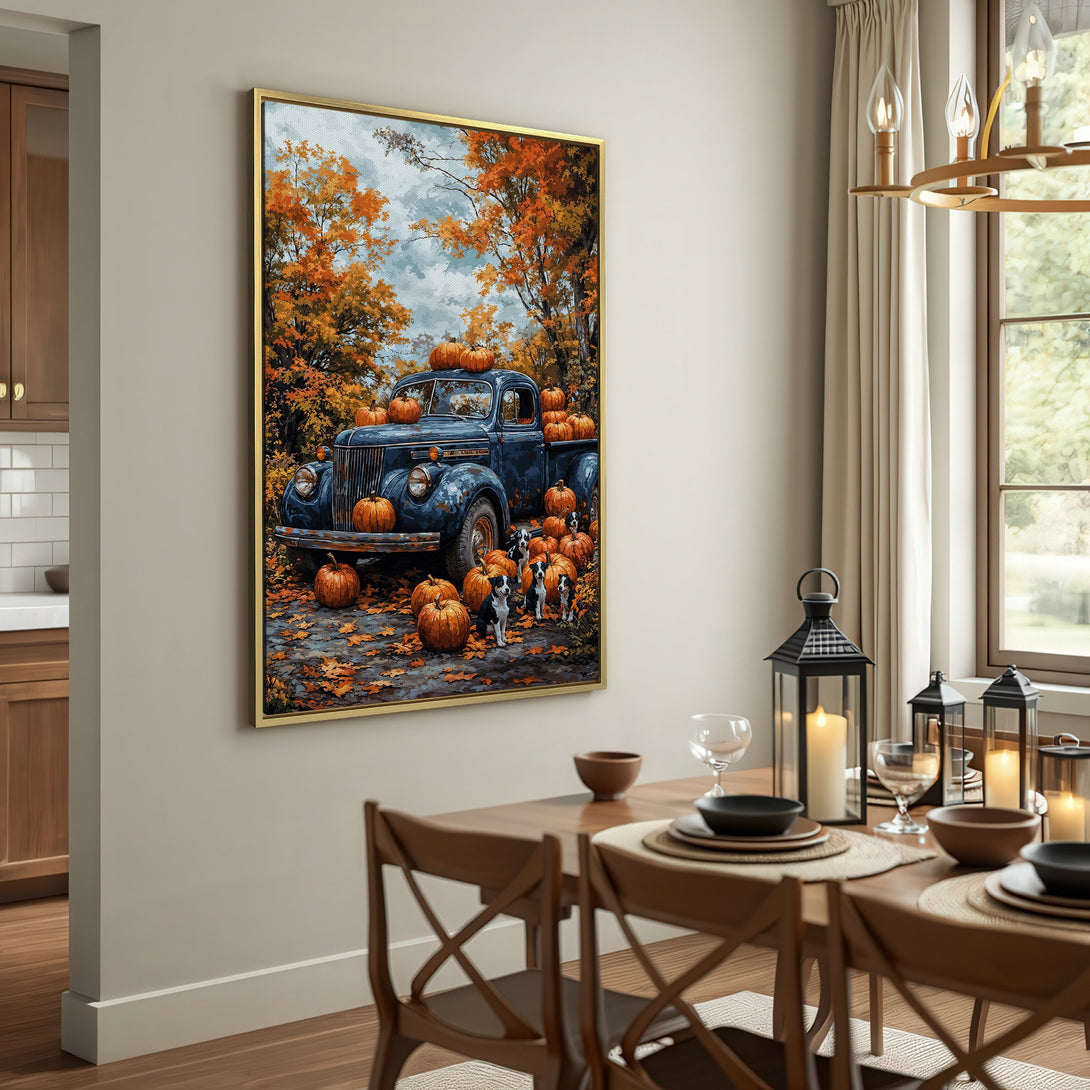 Canvas Print of a vintage truck with pumpkins and puppies in autumn. Warm orange, brown, and blue tones. Rustic wall art.