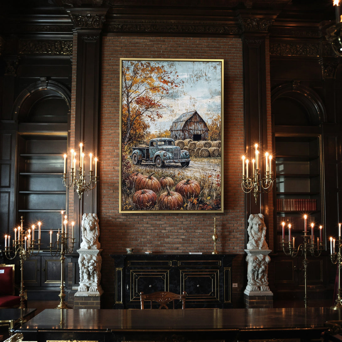 Canvas Print of a rustic autumn scene with a vintage truck, pumpkins, and a barn in warm orange and blue tones.