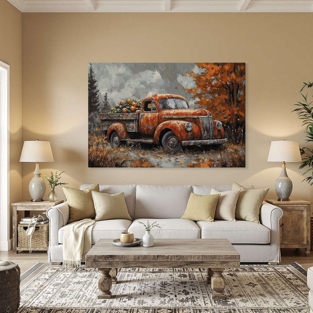 Framed Wall Art: Rustic truck with pumpkins in autumn landscape. Warm orange and brown color palette. Perfect fall decor for your home!