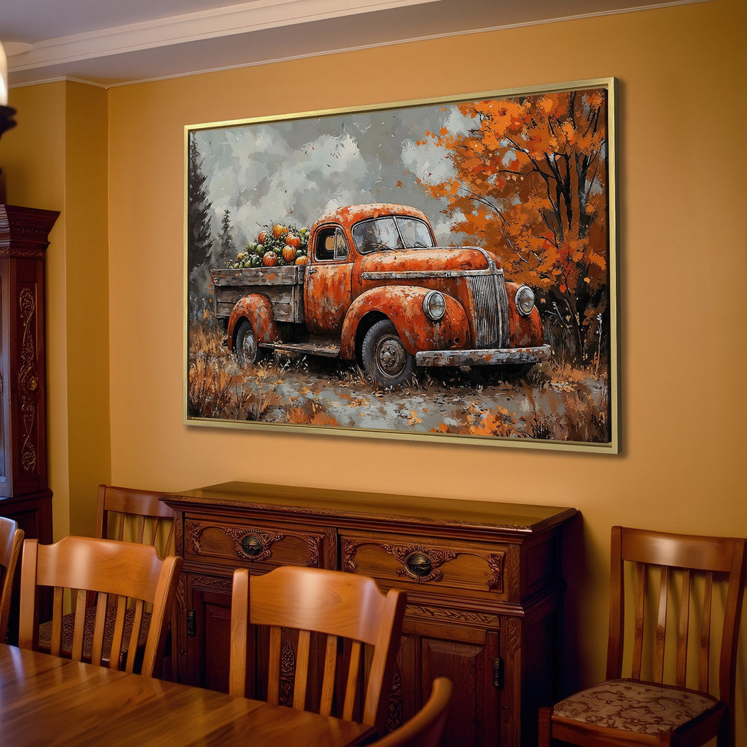 Canvas Print of a vintage truck with pumpkins in a fall landscape. Warm, rustic color palette. Perfect autumn decor.