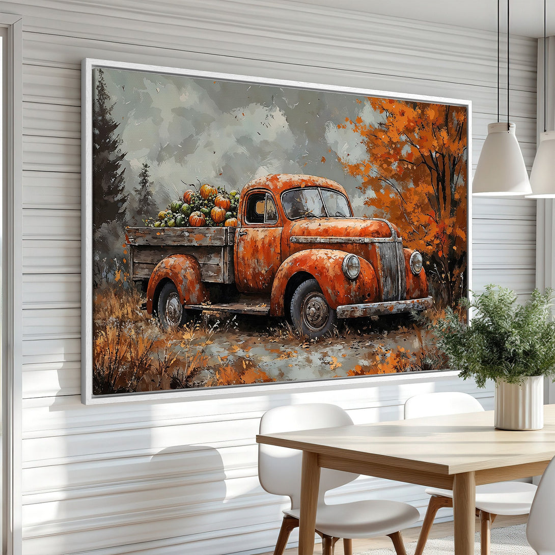 Framed Wall Art: Rustic truck loaded with pumpkins in fall colors. Perfect autumn decor. Warm orange and gray palette, farmhouse style Canvas Print.