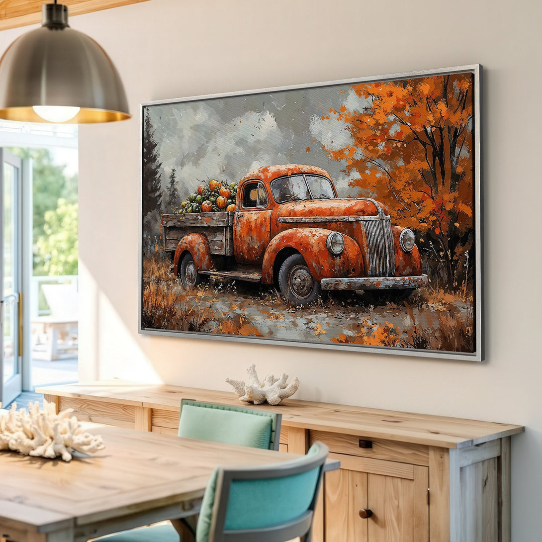 Framed Wall Art: Rustic vintage truck canvas print with fall colors. Perfect autumn decor for your home. Warm orange, brown, and grey palette.