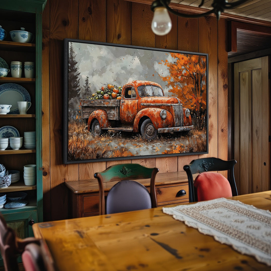 Framed Wall Art: Rustic orange truck with pumpkins in a fall landscape. Warm, autumnal color palette. Perfect for farmhouse decor.