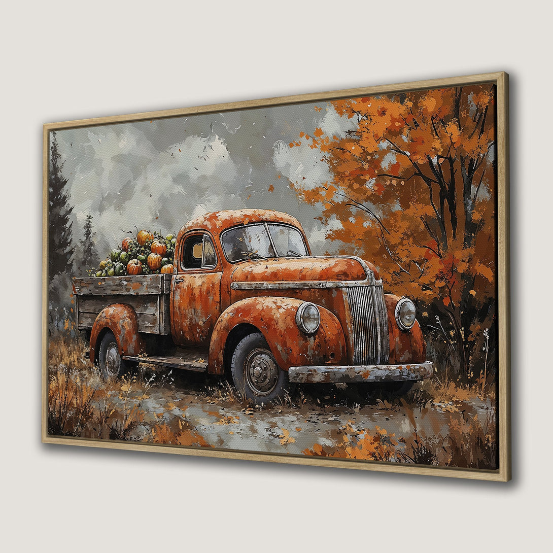 Framed Wall Art: Rustic truck with pumpkins in autumn landscape. Warm orange and brown tones. Perfect fall decor for your home.