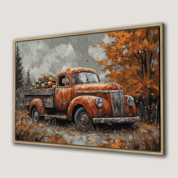 Framed Wall Art: Rustic truck with pumpkins in autumn landscape. Warm orange and brown tones. Perfect fall decor for your home.