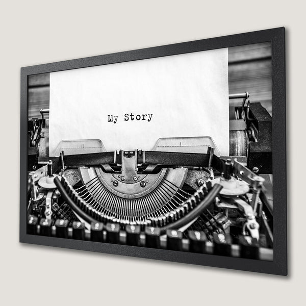 Framed Poster featuring a vintage typewriter with "My Story" in a monochrome palette. Perfect for writers & creatives!