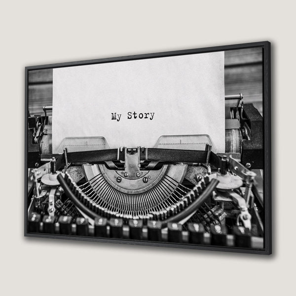 Framed Wall Art: Vintage typewriter Canvas Print in black and white. Perfect for adding a touch of classic style to your home decor.