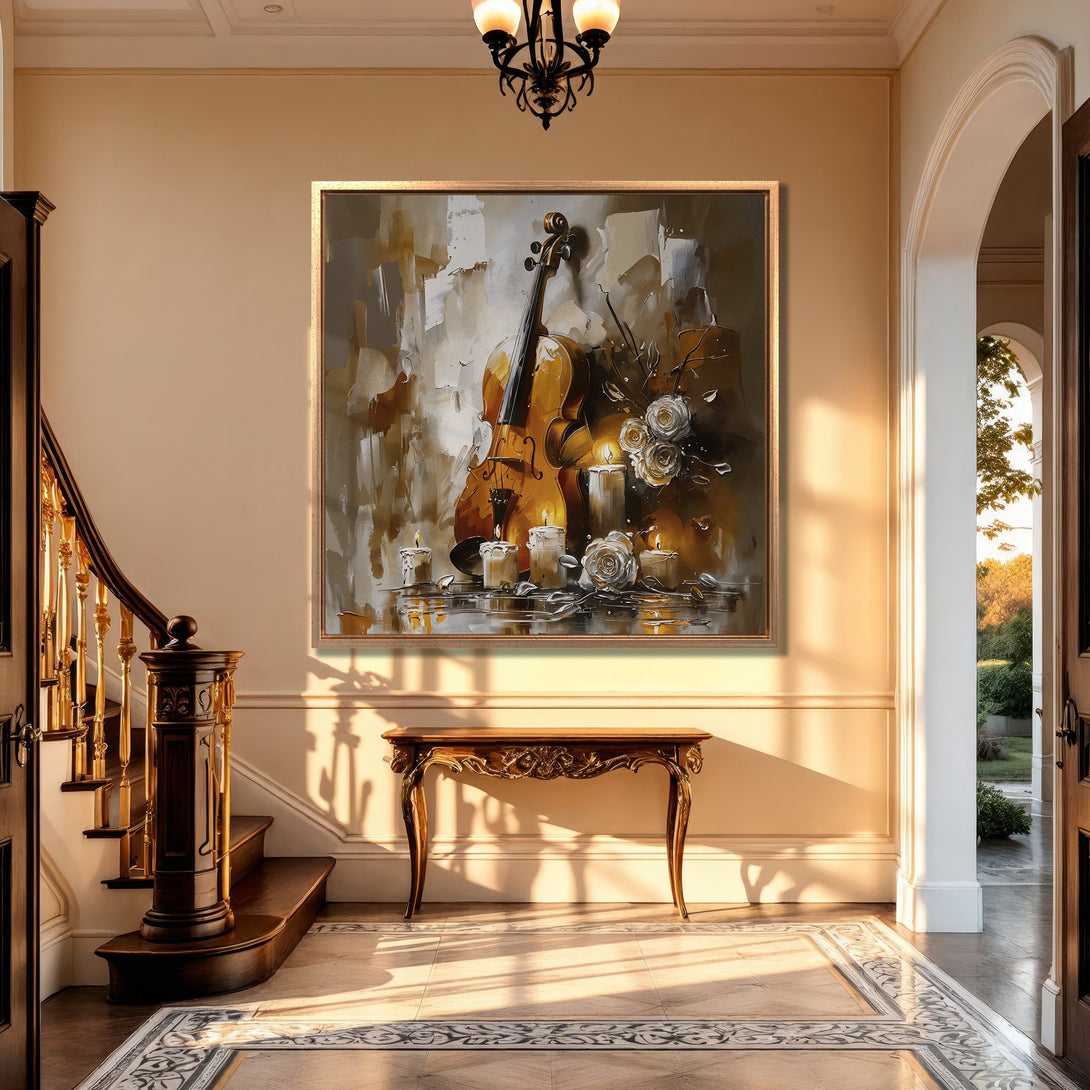 Framed Wall Art featuring a violin and candles in a warm, neutral palette. Perfect for adding elegance to any home decor.