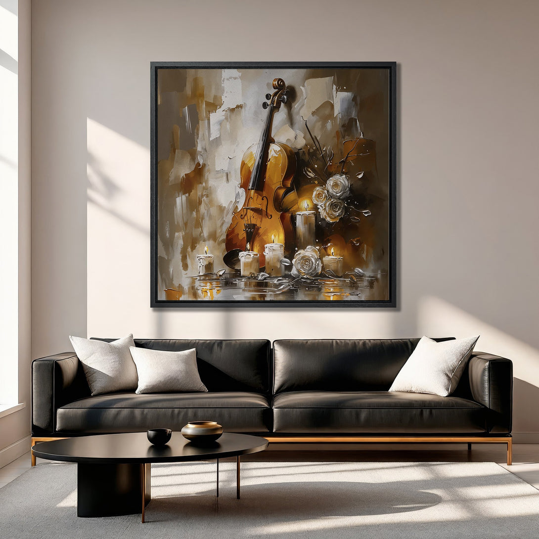 Framed Wall Art: Abstract violin painting in warm brown tones. Perfect for living room decor. Add a touch of elegance with this stunning canvas print!