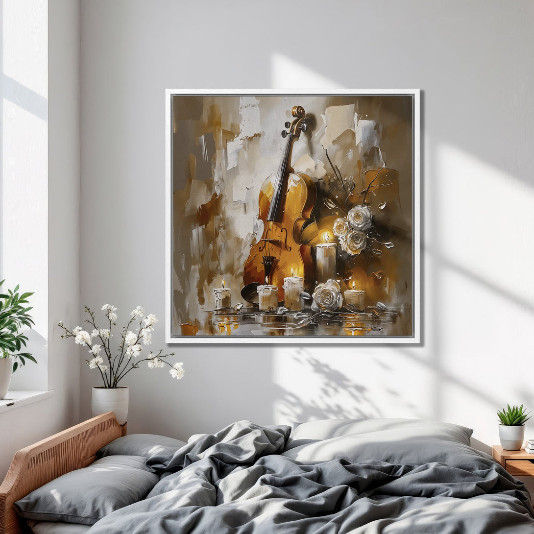Framed Wall Art featuring a violin and candles in a warm, neutral color palette. Perfect for creating a cozy and elegant bedroom aesthetic.