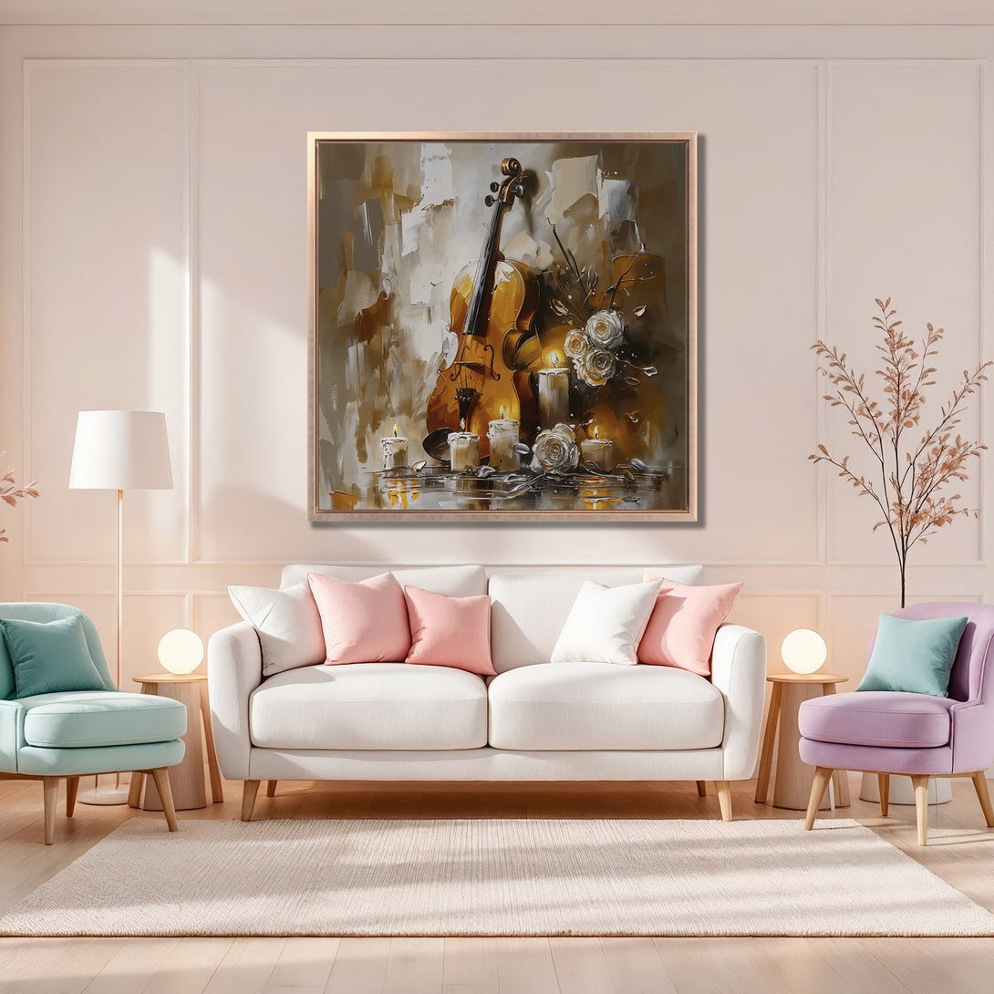 Framed Wall Art featuring a violin still life in warm tones. Elegant abstract style, perfect for adding a touch of sophistication to your living room.