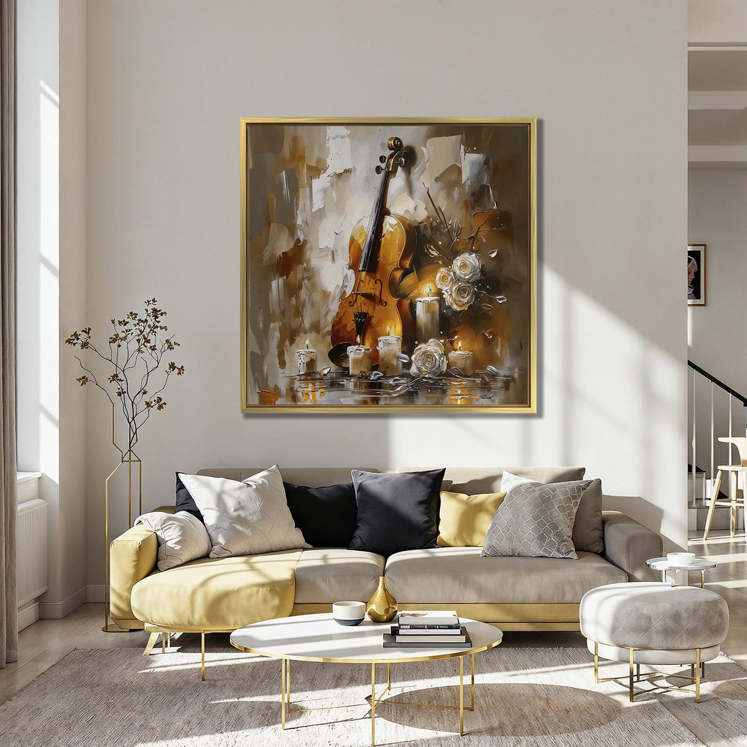 Canvas Print of a violin and candles in warm, neutral tones. Elegant wall art for a cozy living room.