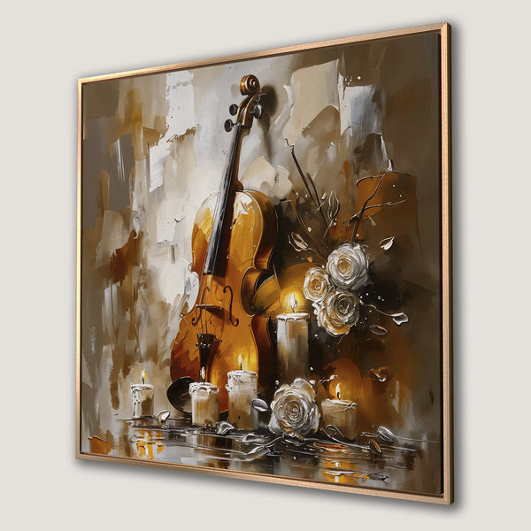 Framed Wall Art featuring a violin and roses in a warm, impressionistic style with a neutral, brown and gold color palette.