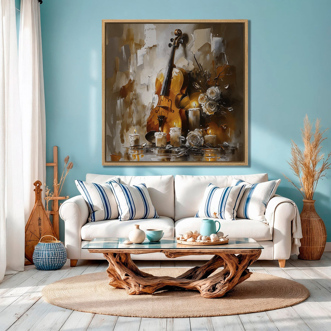 Framed Wall Art: Abstract violin painting in warm browns and golds. Elegant decor for any space. Perfect for living rooms.
