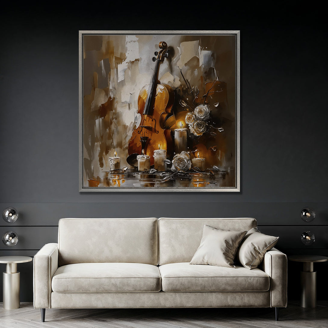 Framed Wall Art: Abstract violin and roses painting in warm, neutral tones. Perfect for living room decor. Enhance your space with this elegant Canvas Print.